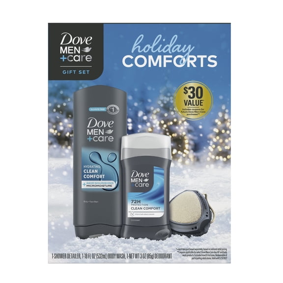 Dove Men Care Holiday Comforts Gift Set Moisturizing Skin Care, Clean Comfort with Body Face Wash, Deodorant & Shower Detailer, 1 Box
