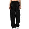 thumbnail image 2 of Women's Lace Up Criss Cross Detail Casual Sweatpants Elastic Drawstring Waist Wide Leg Jogger Pants with Pocket Fall Fashion Y2K Outfit Black, 2 of 7