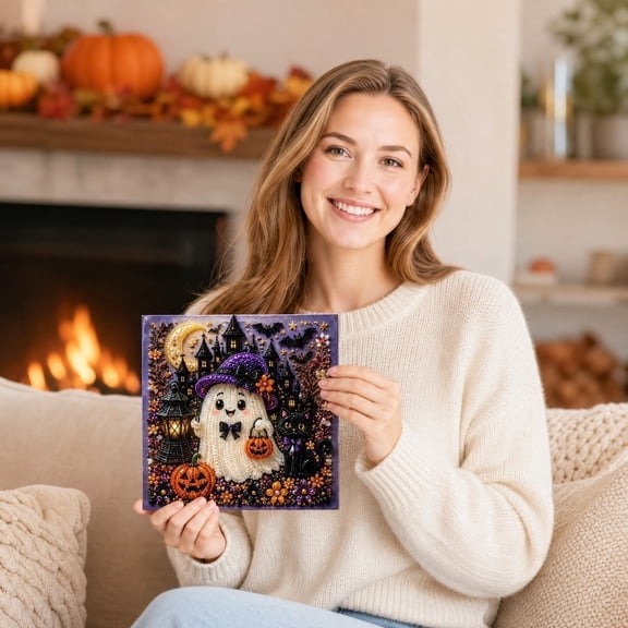 Halloween Pearl Diamond Art Kit, Pumpkin Ghost Painting DIY Set, 10x10 Inch Wall Decor Craft, Seasonal Gift Idea
