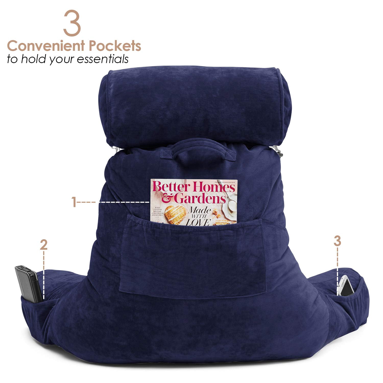 Clara Clark Bed Rest Reading Pillow with Arms and Pockets - Premium Shredded Memory Foam TV Pillow, Detachable Neck Roll & Lumbar Support Pillow, Large, Navy Blue