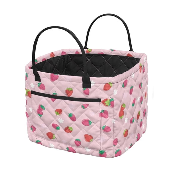 Yuyamidu Pink Strawberry Quilted Laundry Basket for Bedroom with Front Pocket Foldable Nursery Hamper Large Capacity Laundry Nursery Hamper for Organize Clothes Toys