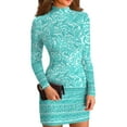 thumbnail image 2 of Women's High-Neck Casual Long Sleeve Floral Printed Slim-Fit Dress for Spring and Autumn Outings,Cyan,2XL, 2 of 6
