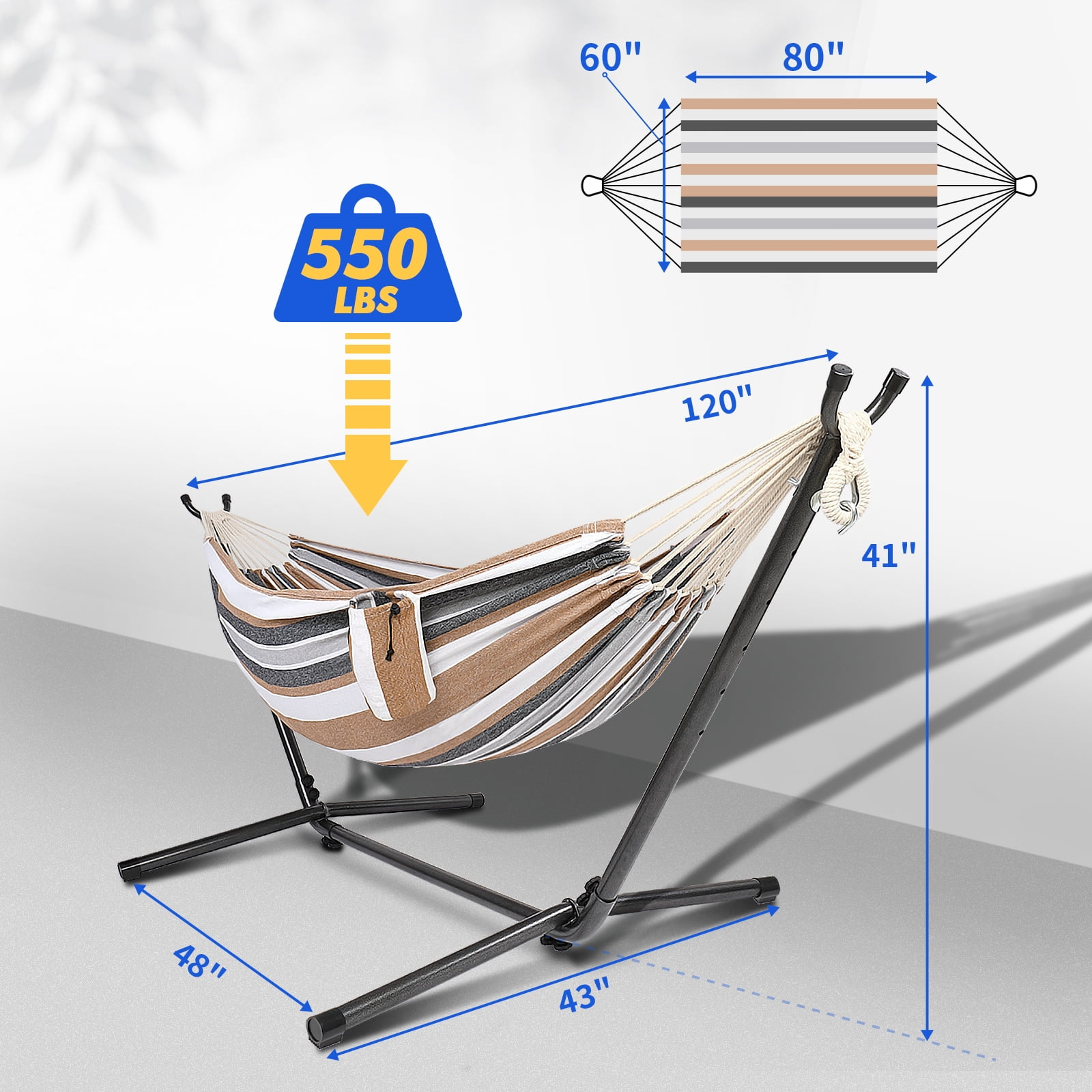 ONCLOUD 550 LBS Capacity Double Hammock with Stand Included with Portable Carrying Bag, 2-Person Hammock for Outdoors & Indoors - Desert Stripe - Desert Stripe