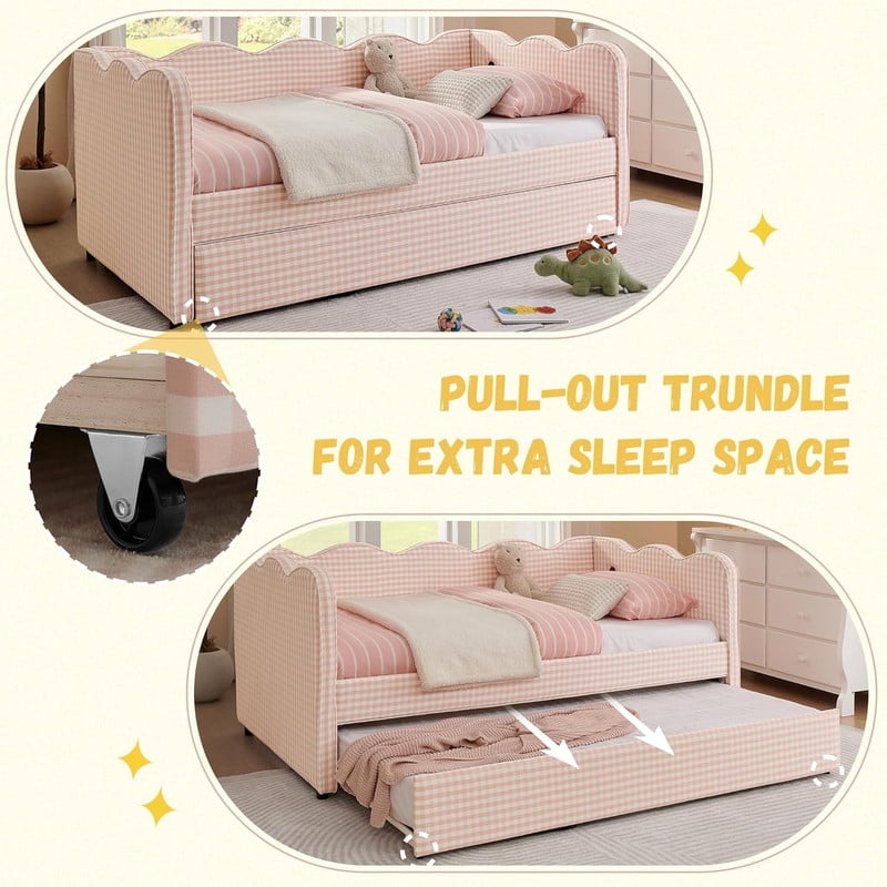 Full Size Upholstery Daybed with Trundle and USB, Full to King Design Wave Shaped Extendable Linen Sofa Bed, No Box Spring Required, for Living Room and Bedroom