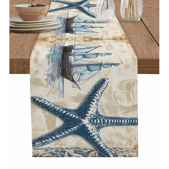 Hokiten Table Runners 48 Inches Long Dress Scarves, Coastal Nautical Farmhouse Kitchen/Dining Table Runner, Short Coffee Tablerunners, Summer Vintage Starfish Floral 13x48 Inch