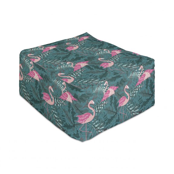 Flamingo Rectangle Pouf, Repeating Exotic Pattern of Tropic Birds on Leaves Island Setting Creatures, Under Desk Foot Stool for Living Room Office Ottoman with Cover, 25", Teal and Pink, by Ambesonne