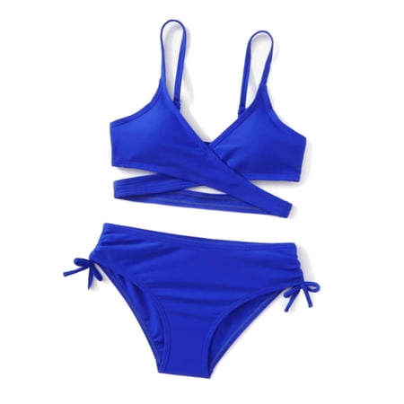 Rggeeun Kids Girls Swimwear Solid Color V-Neck Sleeveless Stylish And Comfortable Two Piece Swimming Suit Set Blue 10-11 Years