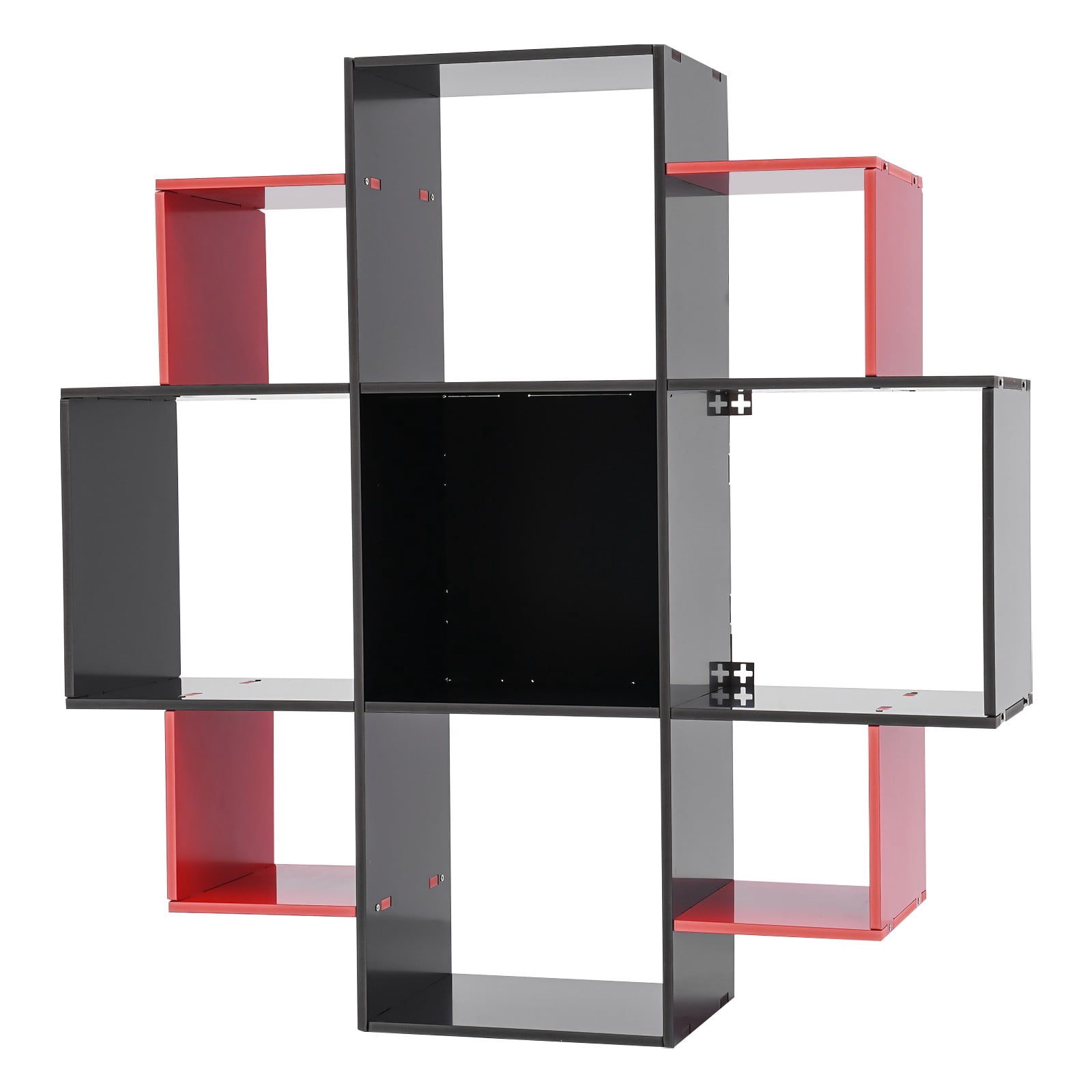 3-Tier Bookcase Wall Mounted Book Shelf Modern Floating Shelf Bookcase with 9 Compartments, Floating Cube Shelves, for Study, Office, Kitchen, Bedroom, and Living Room (Red&Black)