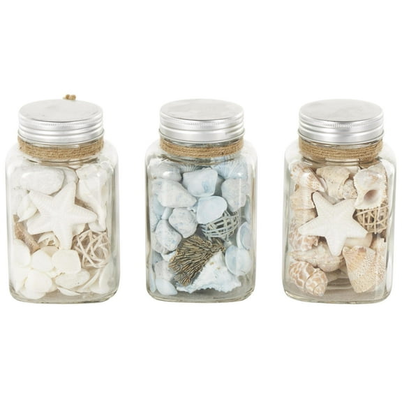 DecMode Clear 3" Glass Orbs & Vase Filler with Seashells and Jute Rope Accents (3 Count)