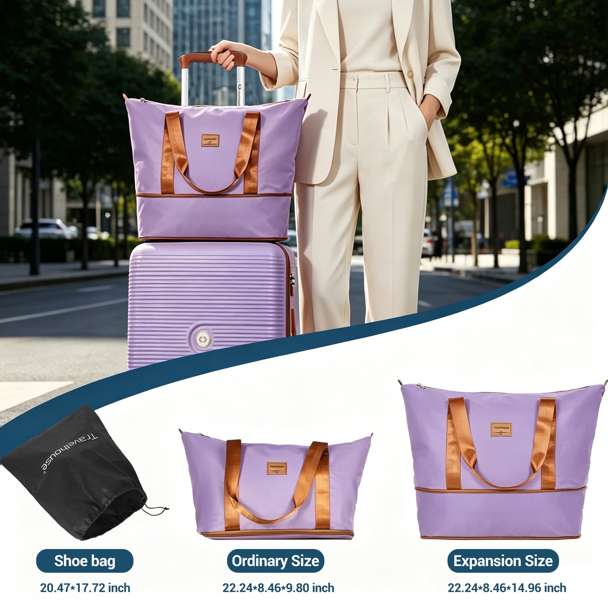 Travelhouse 3-Piece Hardside Spinner Carry on Luggage Set with TSA Lock and Travel Bag, Purple