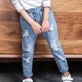 thumbnail image 6 of CPNG Girls Ripped Denim Pants Straight Wide Leg Elastic Waist Distressed Denim Trousers Fashionable Casual Ripped Jeans, 6 of 8
