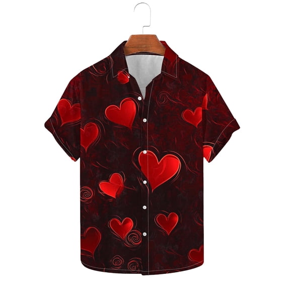 Heart Print Shirts for Men Valentines Day T-Shirt 2026 Spring Beach Vacation Short Sleeve Tees Basic Lapel Button Down Tops
