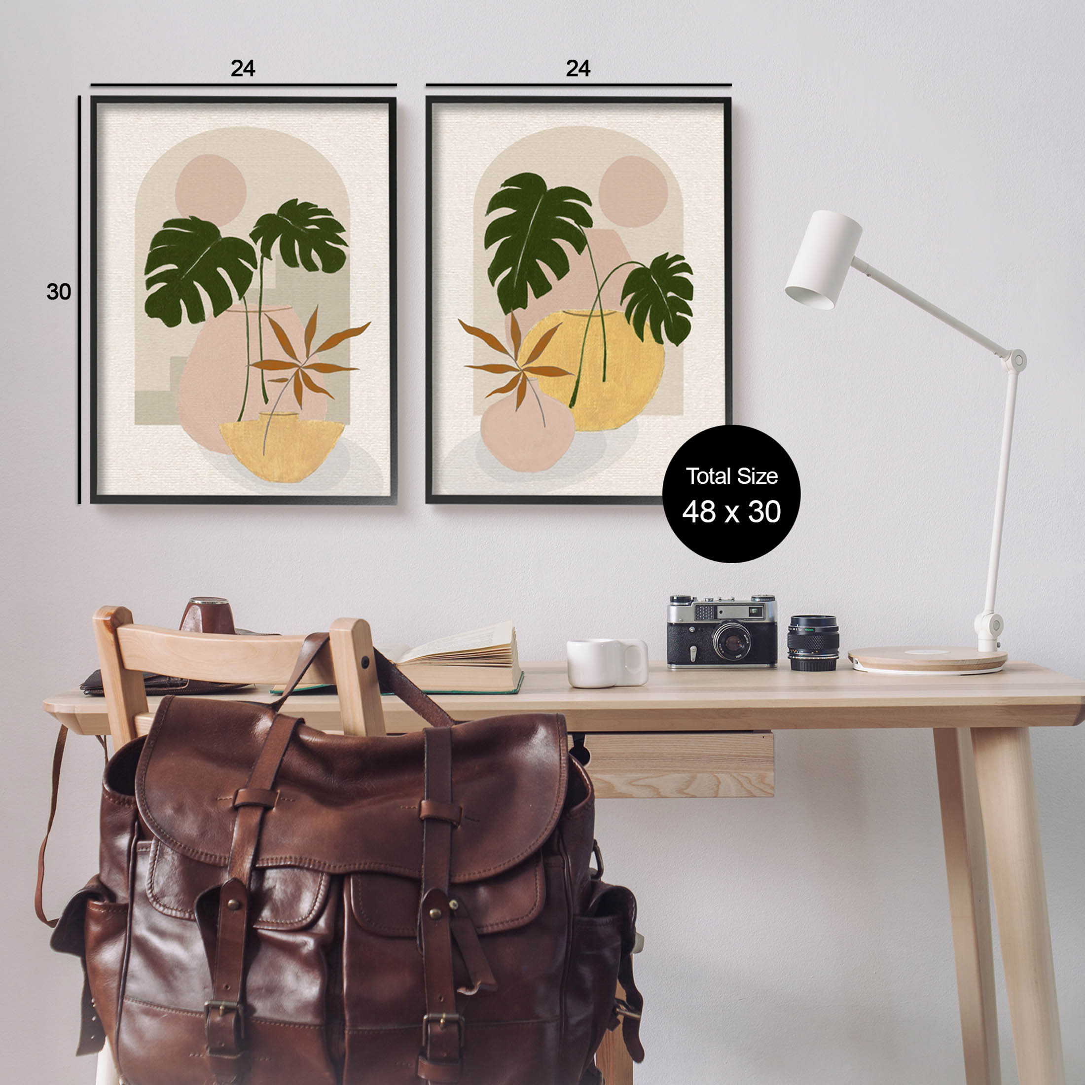 Boho Monstera Archway Landscape Botanical & Floral Painting Black Framed Art Print Wall Art, Set of 2