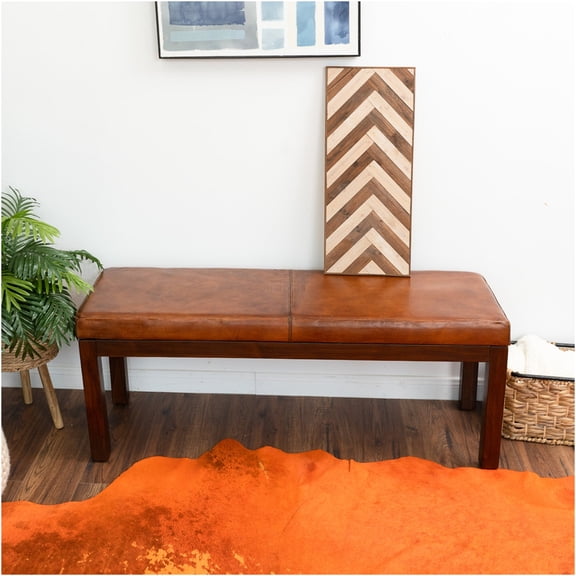 JERFIT Mid-Century Modern Leather Storage Bench, Antique Brown Genuine Leather Upholstered Seat with Solid Wood Frame and Tapered Legs