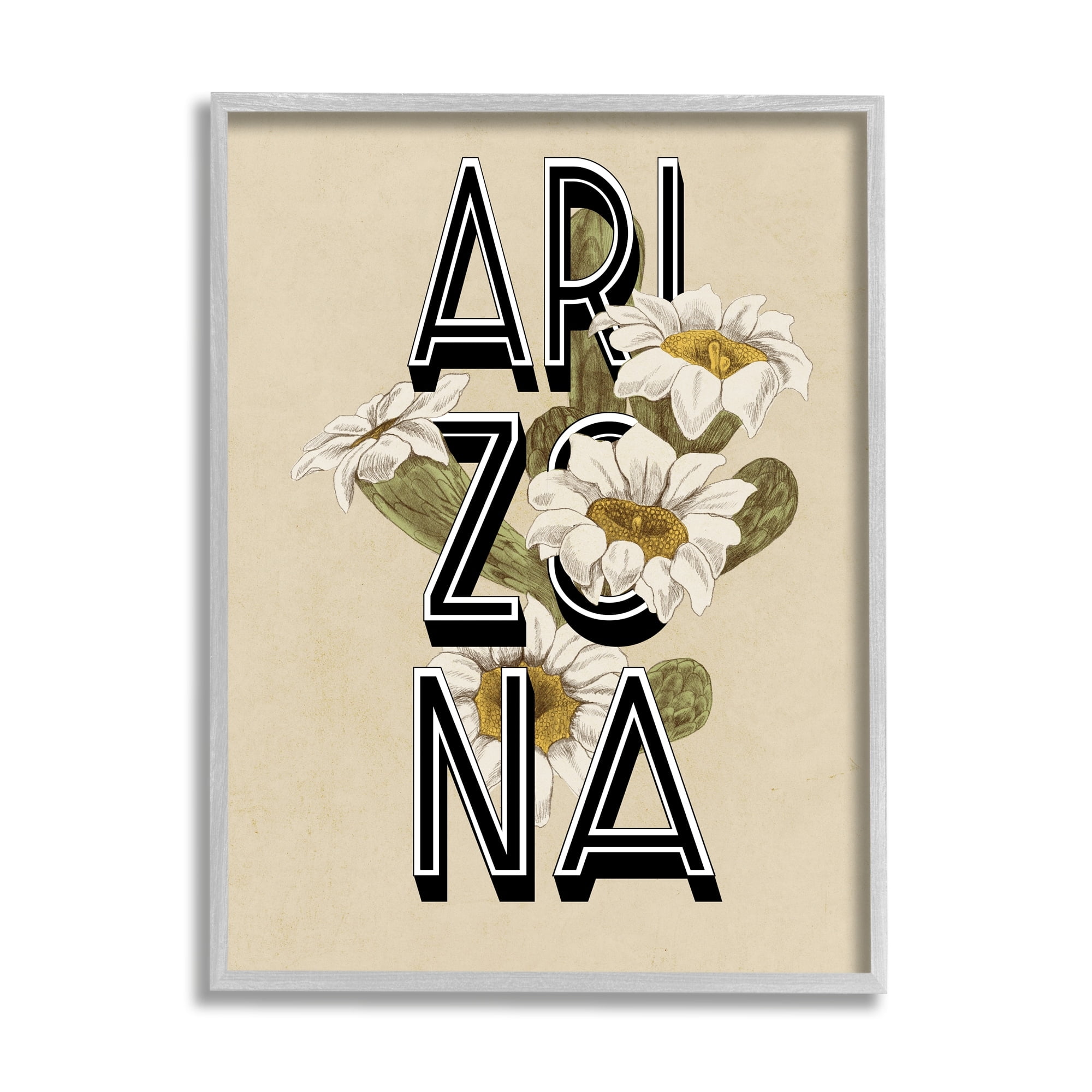 Stupell Industries Arizona State Flower Saguaro Blossom Typography Design Graphic Art Gray Framed Art Print Wall Art, Design by Daphne Polselli