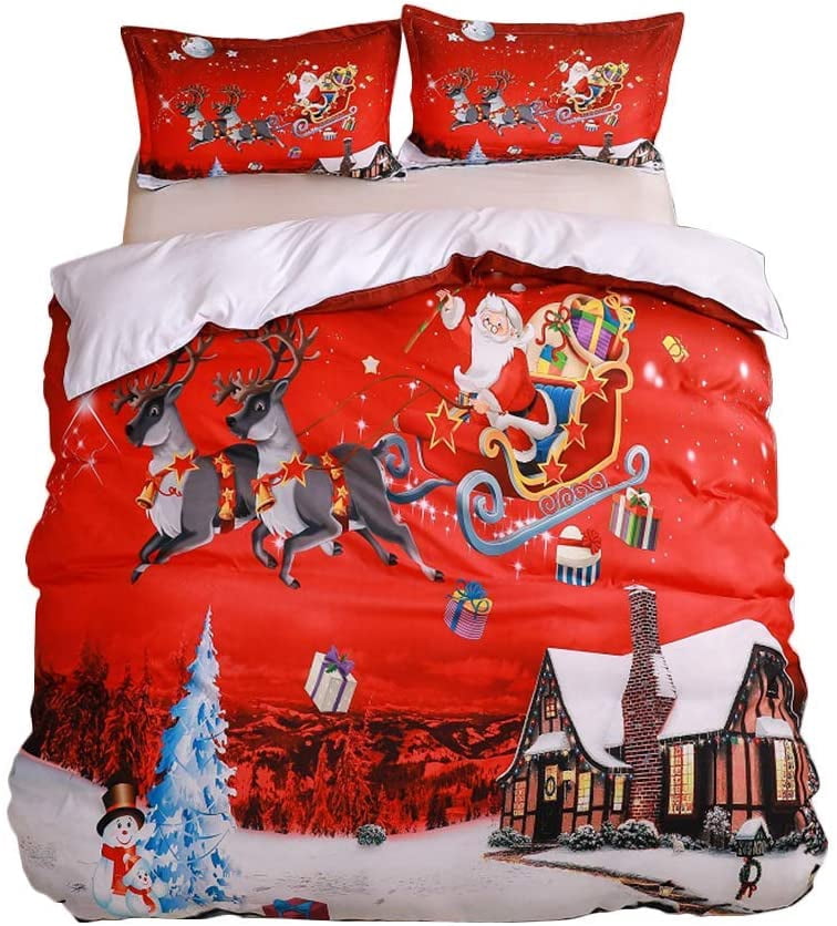 Merry Christmas 3 Pieces Duvet Covers Set with 2 Shams, Santa Claus Pattern Bedding Cover Set,Full