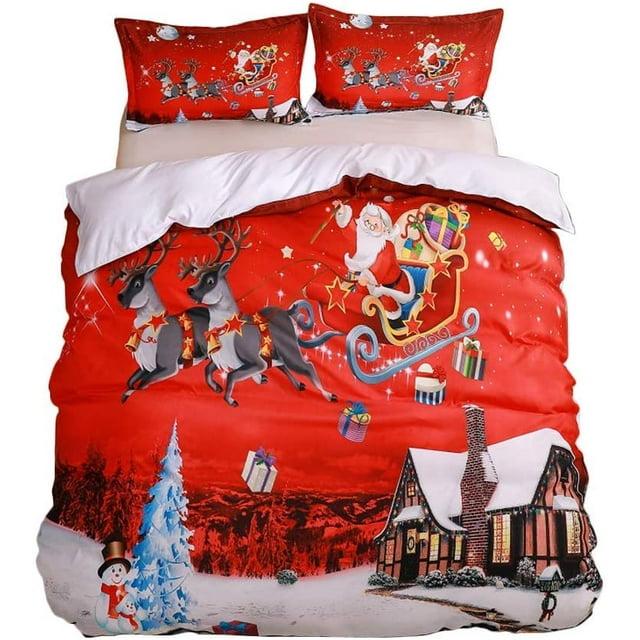 Merry Christmas 3 Pieces Duvet Covers Set with 2 Shams, Santa Claus Pattern Bedding Cover Set,Queen