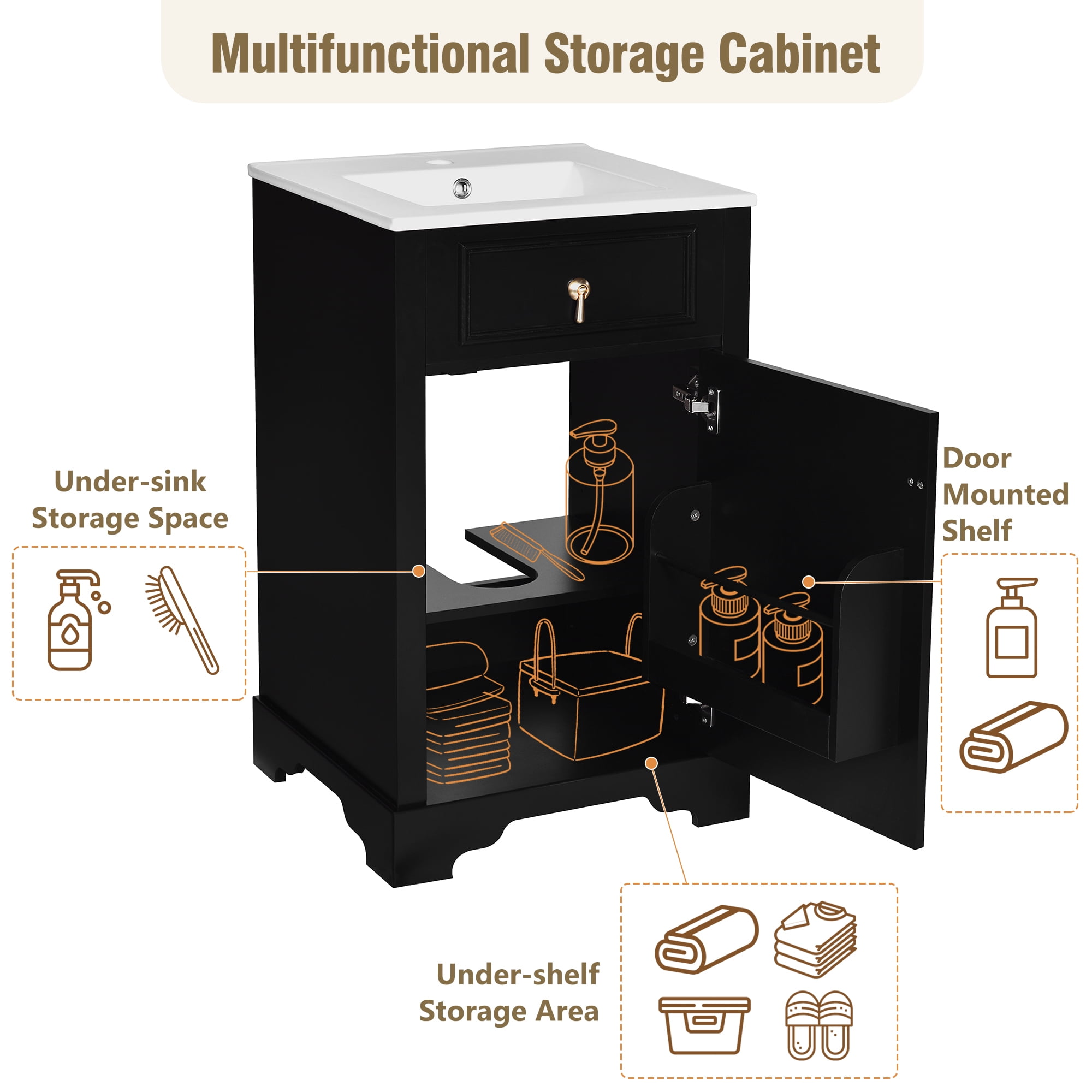 EUROCO 20" Bathroom Vanity with Ceramic Sink,Solid Wood Bathroom Makeup Cabinet with Soft Close Door,Adjustable Shelf, Drawer and Door-Mounted Storage Rack,Black