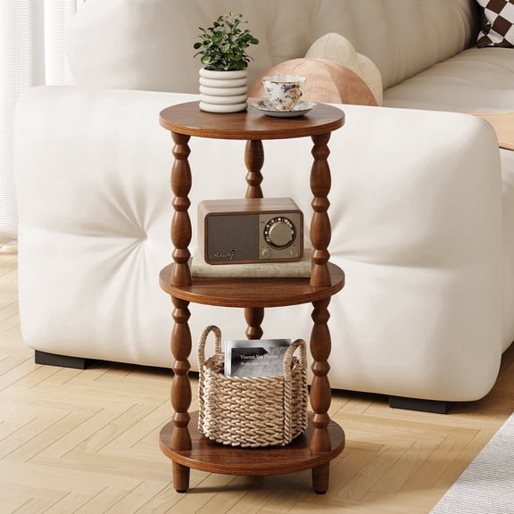 Maliowa 3-Tier Side Table, Small Round End Table for Living Room Bedroom, Accent Table Narrow Nightstand with Storage Shelf, Walnut