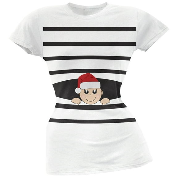 Striped Peeking Christmas Santa Hat Baby White Soft Juniors T-Shirt - X-Large