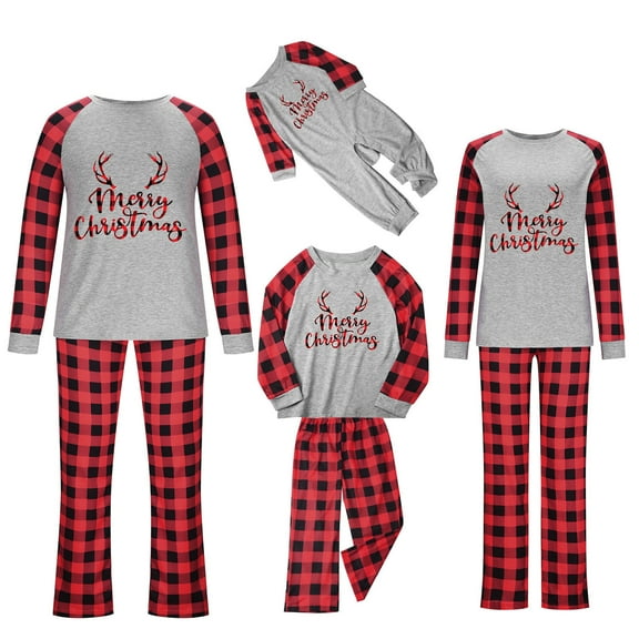 Odeerbi Christmas Pajamas For Family Matching Outfits Attire Suits Patchwork Plaid Printed Homewear Round Neck Long Sleeve Two-piece Mom Sets