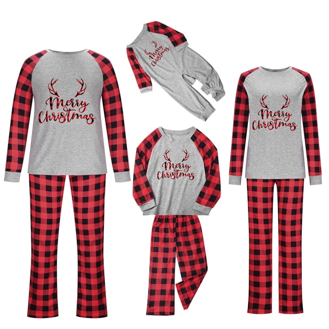 Baikeli Pyjamas de Noël pour Famille Ensembles Assortis de Noël Deux Pièces Ensembles Patchwork Carreaux Rouges Lettres Amusantes Imprimées Vêtements d'Intérieur Col Rond Manches Longues Vêtements de Nuit