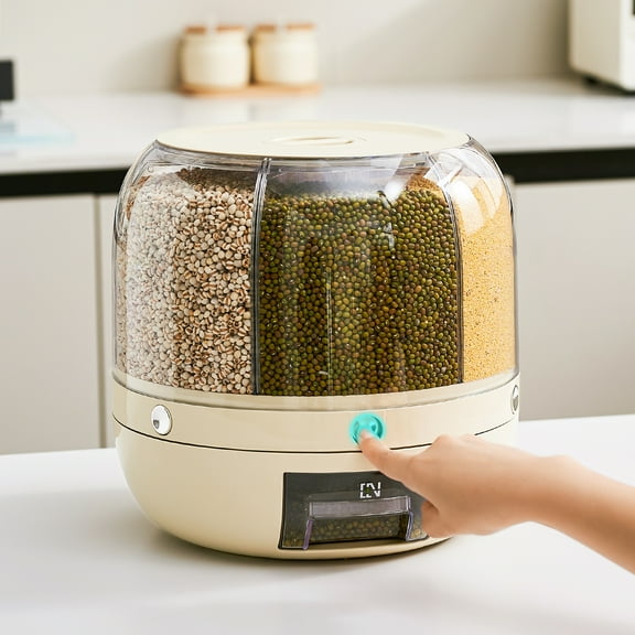 Rotating Rice Dispenser – 6-Compartment Moisture-Proof Grain Storage Container with One-Touch Dispensing for Rice, Beans & Pet Food （13 lbs,White）
