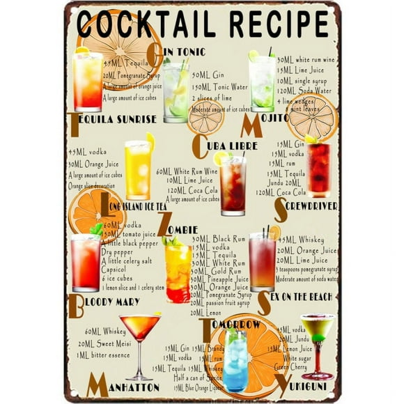 Size: 16" x 12" - Funny Metal Signs Cocktail Recipe Poster Print Bar Menu Cocktail Tin Sign