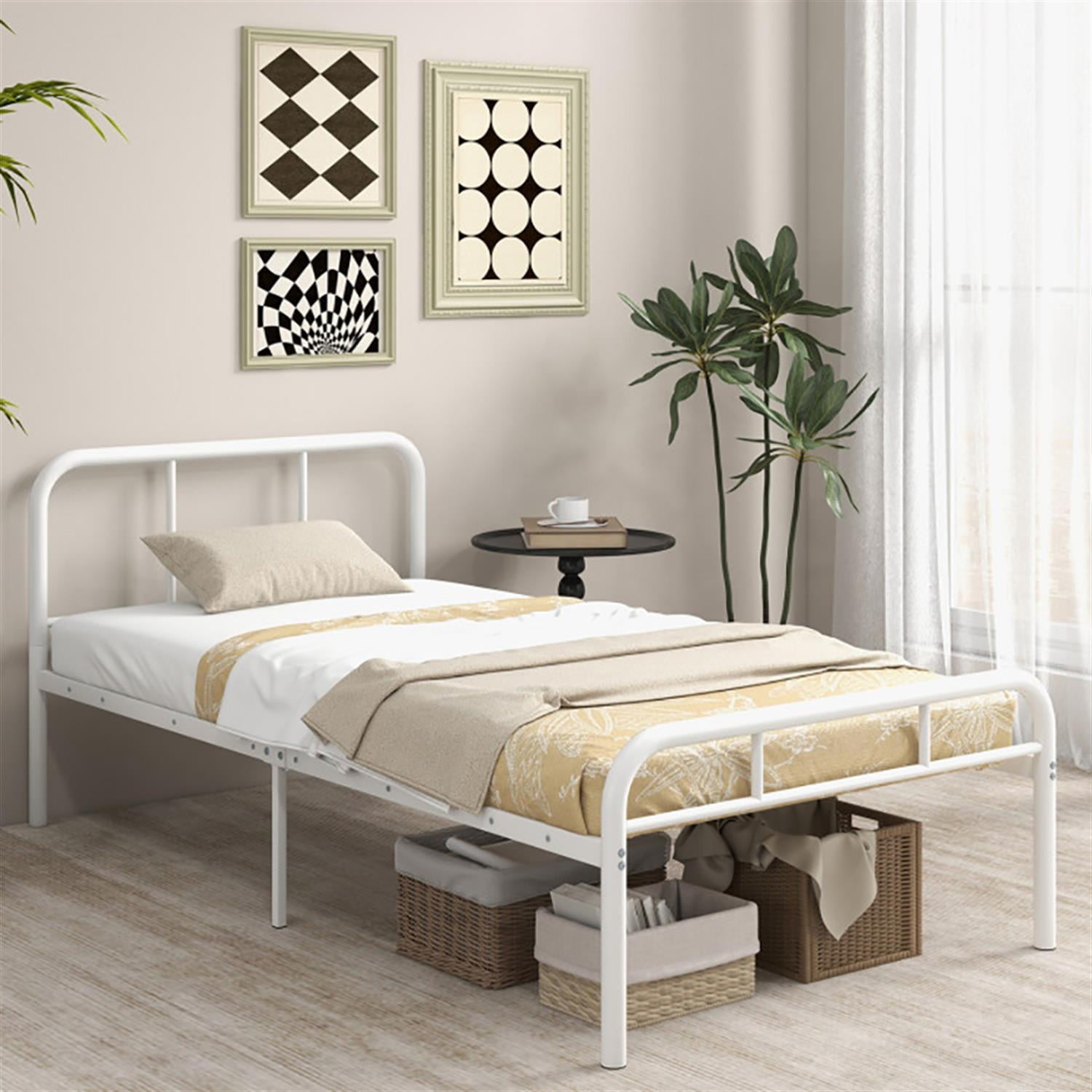 Demi Bonn Modern Metal Bed Frame Platform Mattress with Headboard and Footboard, Under Bed Storage, No Box Spring Needed, White