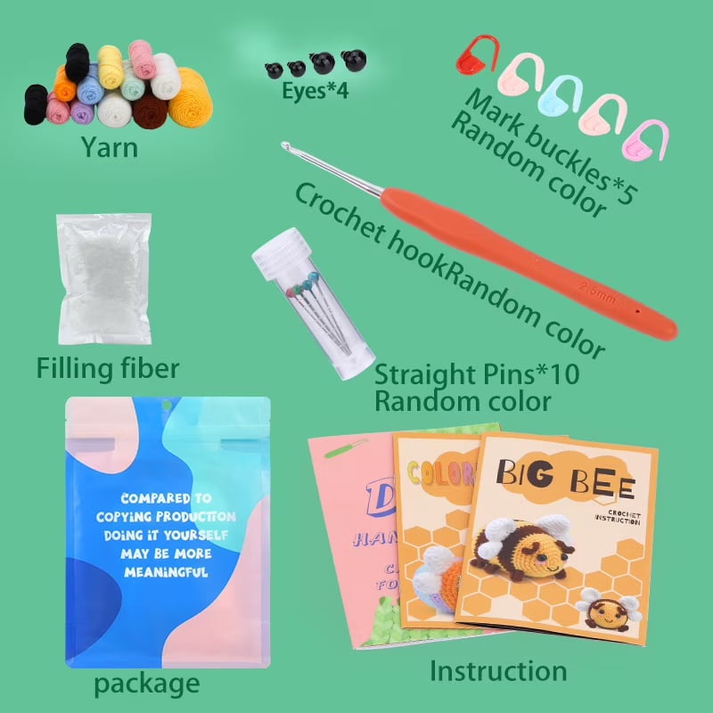 Beginner Crochet Kit, Bee Amigurumi Crochet Kit with Yarn, Hook, Stuffing and Tools, DIY Craft Kit to Make 2 Cute Plush Bees, Step-by-Step Crochet Project for Adults, Teens & Beginners, Handmade Gift