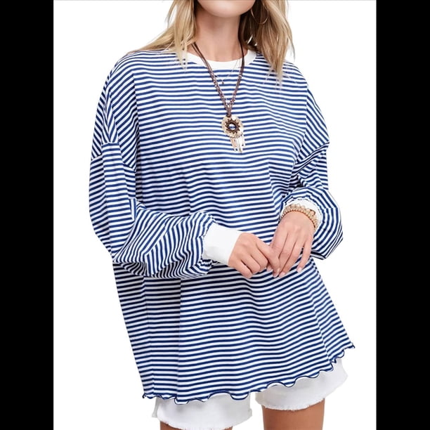 Camiseta de Larga Extragrande para Mujer, Túnica A Rayas con Bloques de Color, Sudadera Holgada de Otoño con Cuello Redondo Azul y L