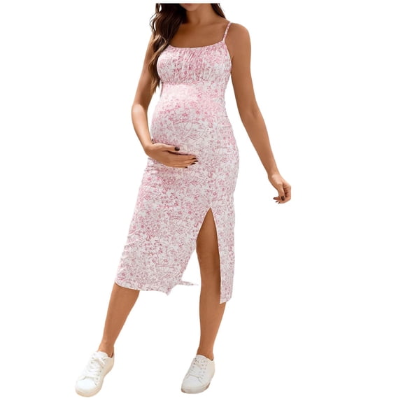Admvng Floral Spaghetti Strap Maternity Midi Dress Side Slit Bodycon Pregnancy Dress