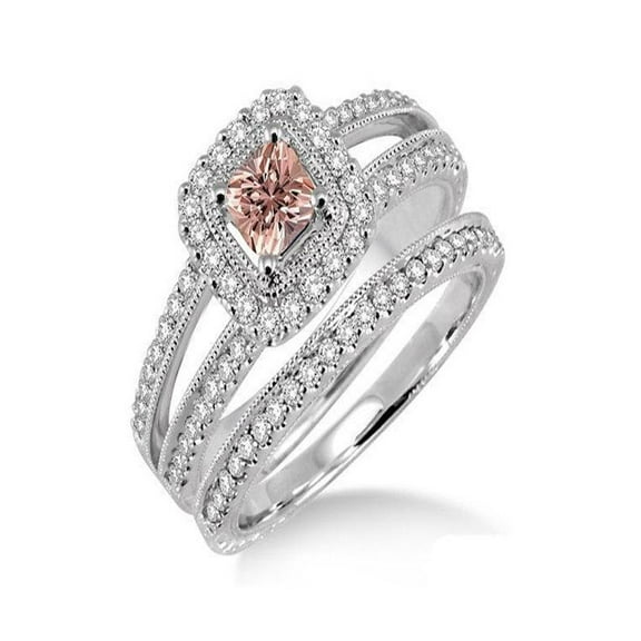 2 Carat Morganite & Diamond Antique Bridal set Halo Ring in 14k White Gold affordable morganite and diamond engagement ring