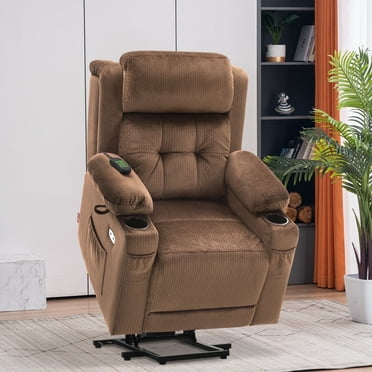 MCombo Small Dual Motor Power Lift Recliner Chair for Petite Elderly, Adjustable Headrest, Infinite Position, Fabric(Brown)
