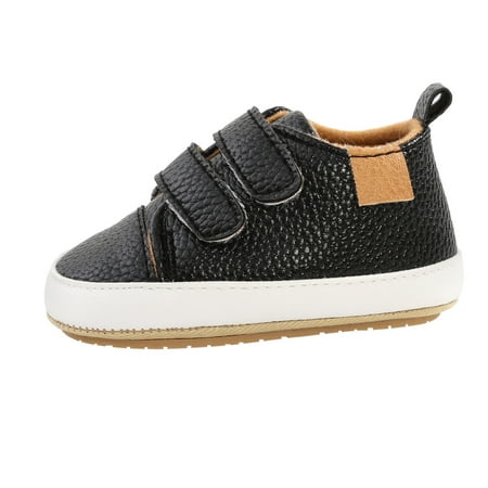 Toddler Girl Shoes Size 18M For 12 Months-18 Months Soft Anti-Slip Leather Walkers Rubber Boys Sole Kids Sneakers Black