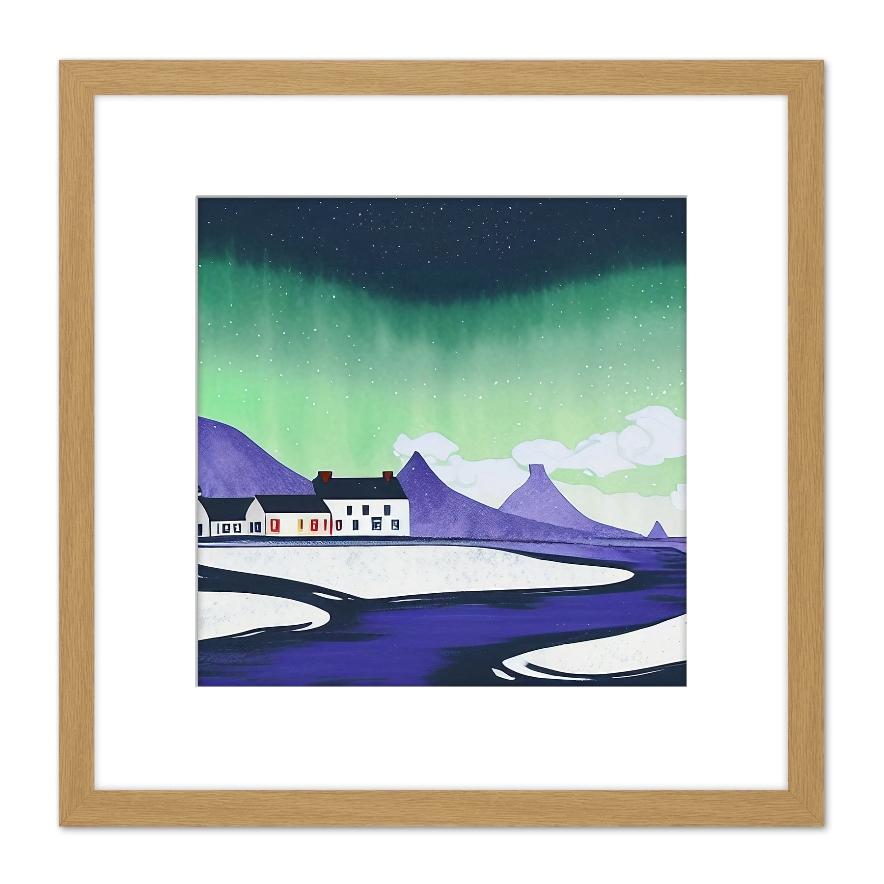 Northern Lights Iceland Snow Mountain Lake Vibrant Sky Winter Houses