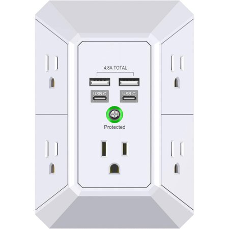 USB Wall Charger, Surge Protector, 5 Outlet Extender with 4 USB Charging Ports (4.8A Total) 3-Sided 1680J Power Strip Multi Plug Outlets Wall Adapter Spaced for Home Travel Office(2U2C),White