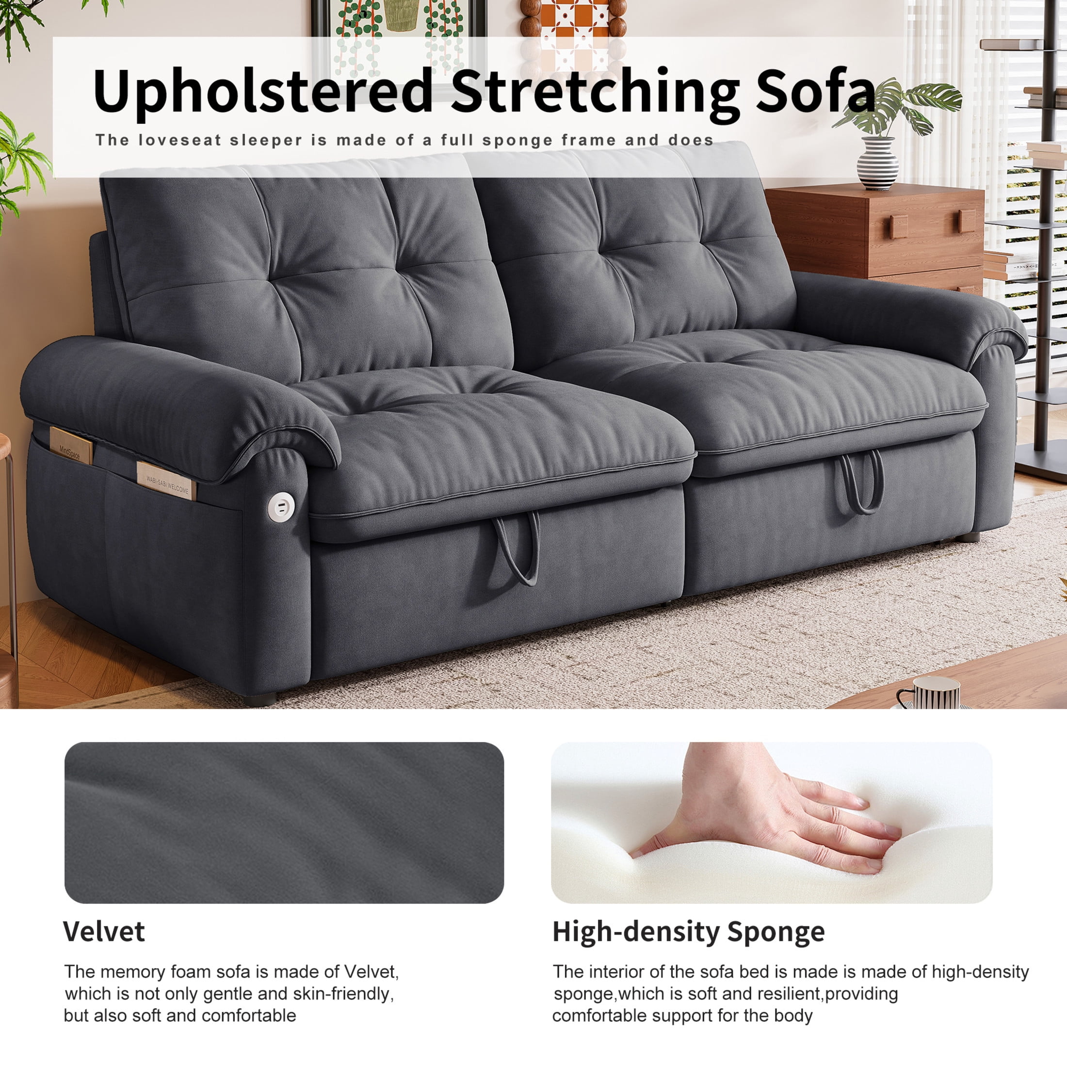 Noble House 77" Modern Velvet Convertible Sofa Bed, Pull Out Loveseat with Adjustable Backrest & USB Ports, Gray