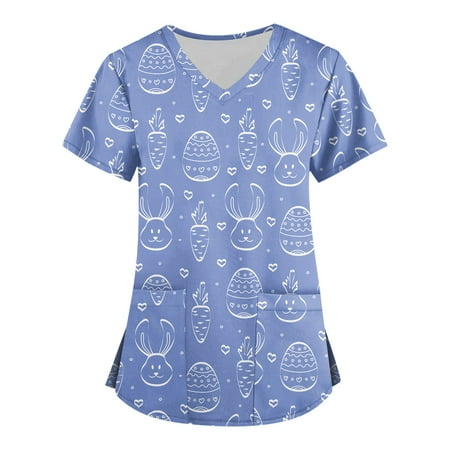 

XHJUN Long Sleeve Scrub Tops Women Plus Size Business Short Sleeve Tshirts Teen Girls Easter with Designs Pocket Blue XXXXL