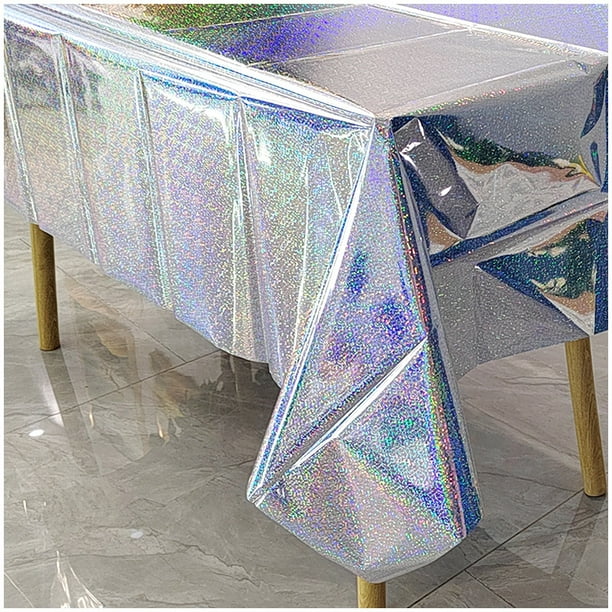 4 Pack Iridescence Silver Plastic Tablecloths Shiny Disposable Laser Rectangle Table Covers ...