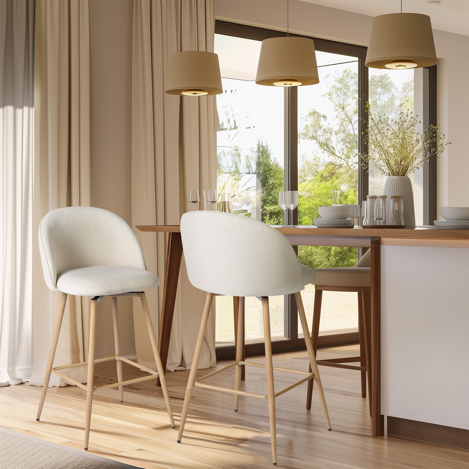 Homy Casa 26" Counter Height Bar Stools Set of 2, Swivel Stools for Kitchen Island, Pale Beige