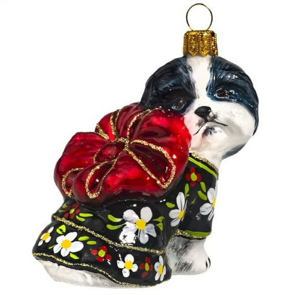 Black and White Shih Tzu with Kimono And Puff Bow Polish Glass Dog Ornament