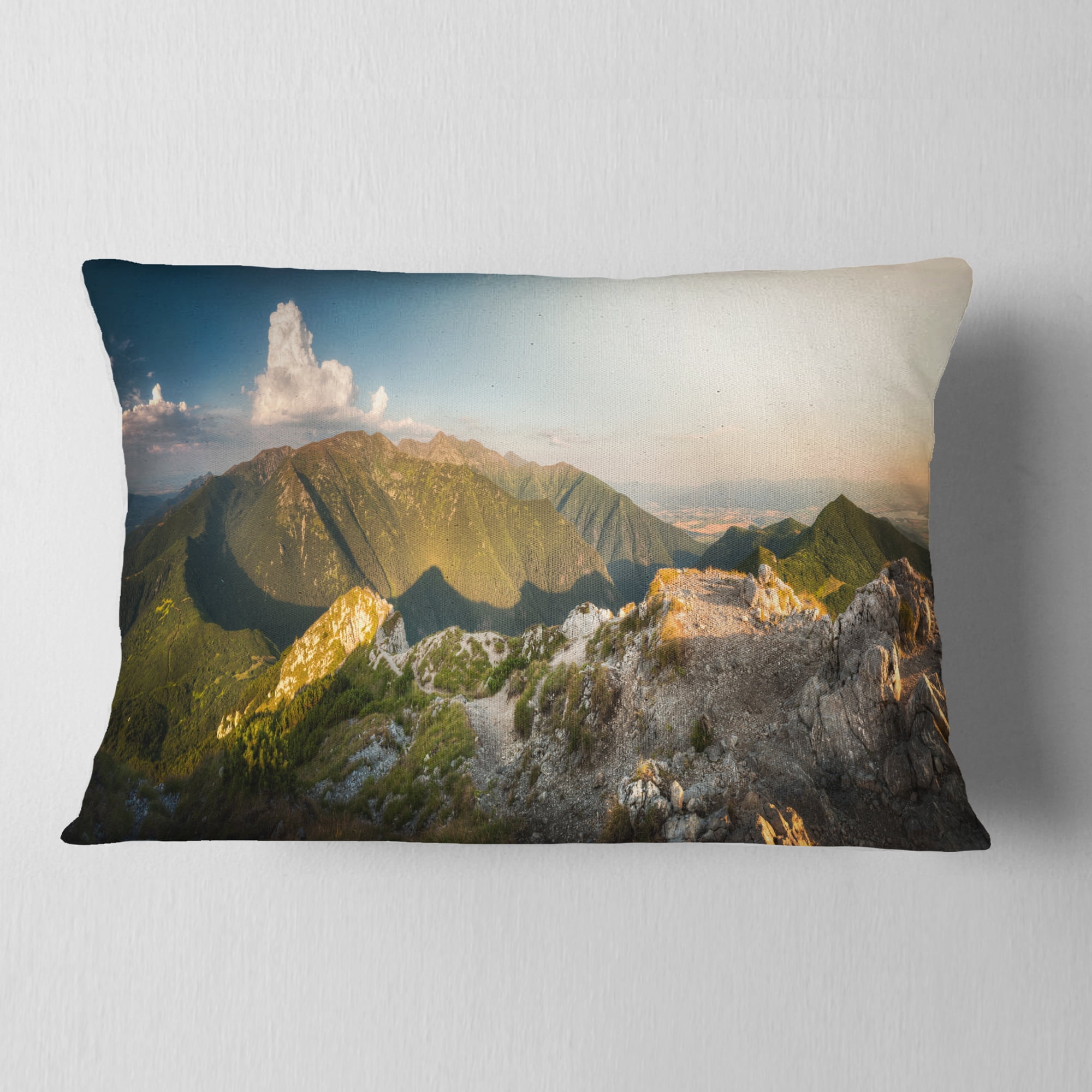 Designart Rocky Green Mountains Panorama - Landscape Printed Throw Pillow - 12x20