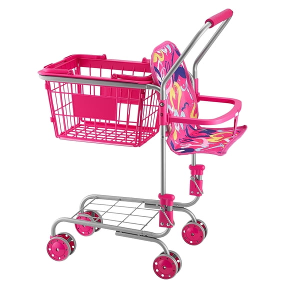 KFFKFF Kids' Shopping Cart with Metal Frame, Toy Trolley with Doll Seat, 4 Smooth Wheels, Foldable Design for Easy Storage, Pretend Play Grocery Cart for Children Aged 3