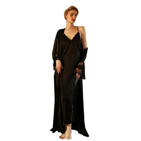 CZSCPDAW Lingerie For Women V Neck Sexy Exotic Open Front Negligee Women Sexy Pajamas With Polka Dots And Lace Sleeves Extended Bathrobe Pajamas Long Sleeved Satin Homewear