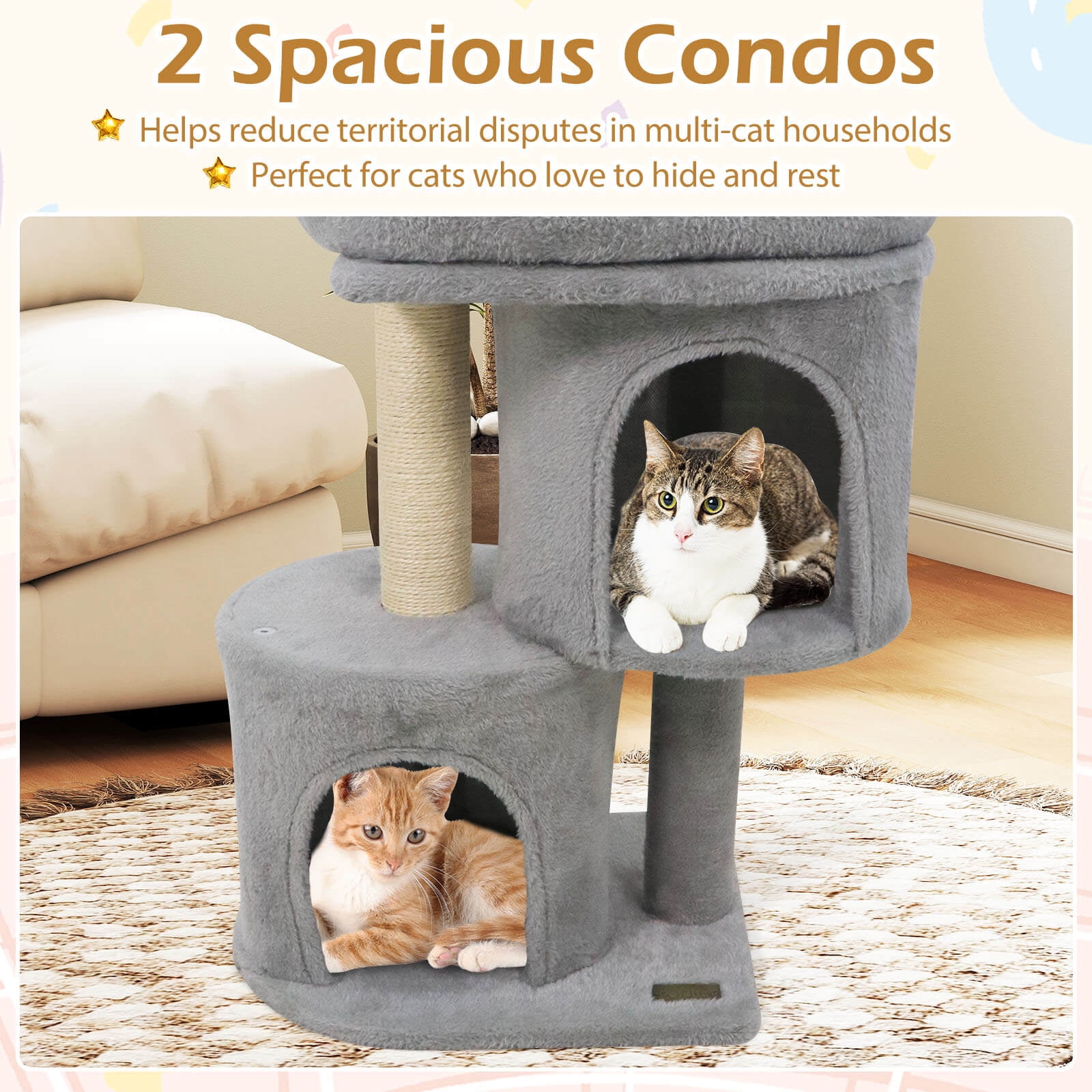 Costway 26” Small Cat Tree with Large Padded Plush Perch, 2 Condos, Sisal Scratching Posts Light Gray