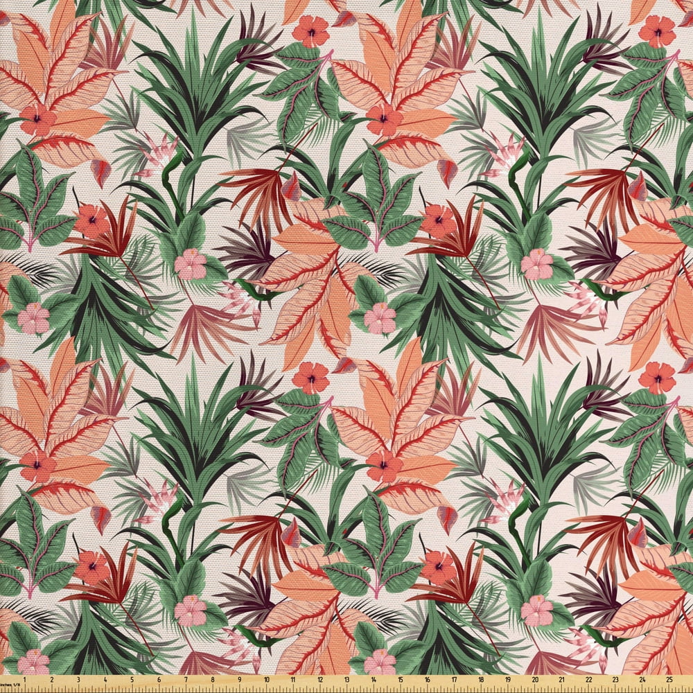 Botanical Fabric by The Yard, Natural Theme Various Leaves Pattern ...