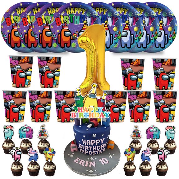 Among Us Birthday 1st Cups Party Supplies Plates Fans Decorations Cake Topper Decor