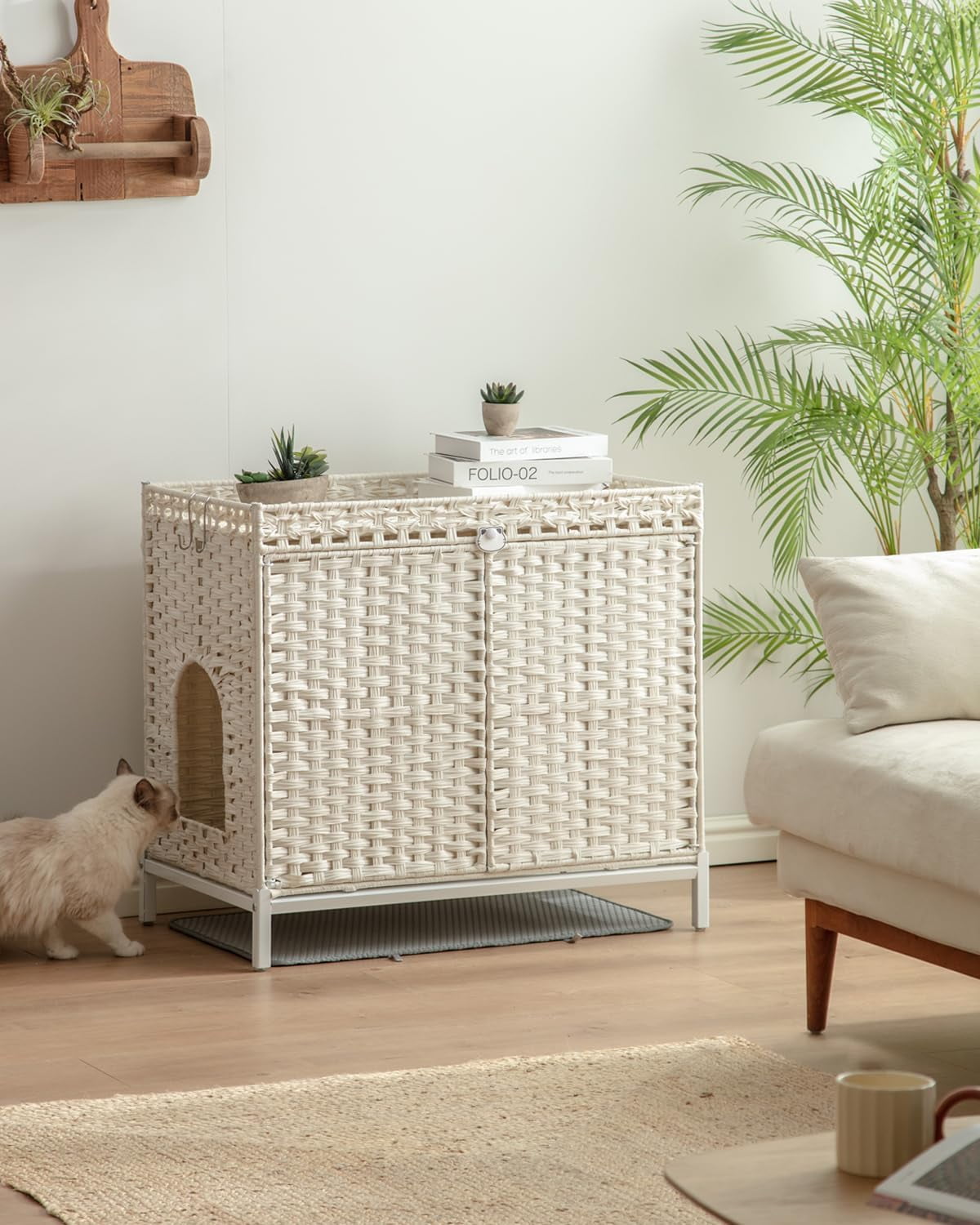 Cat Litter Box Enclosure Furniture, Hidden Handwoven Rattan Litter Box with Mat, Large Cat House with Metal Heightened Feet, 30.3 x 18.3 x 28 Inches, Indoor for Living Room, Bedroom Natural