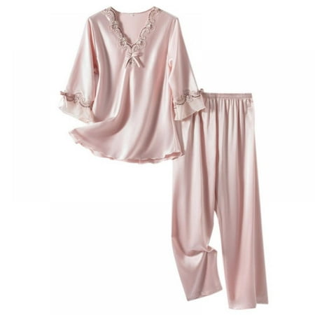 

Womens Silk Satin Pajamas 3/4 Sleeve Loungewear Two-piece Sleepwear Pj Set